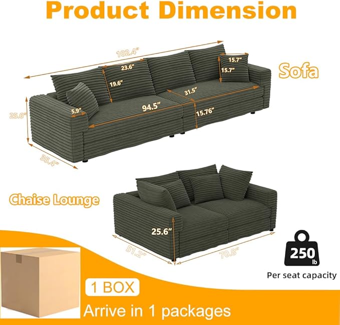 Ball &amp Cast 4 Seater Cloud Sectional Couch102.4 Modern Modular Sectional Sofa with Deep Seat &amp PillowsPlush Corduroy Comfy Convertible Sofa Couches for Living RoomGreen