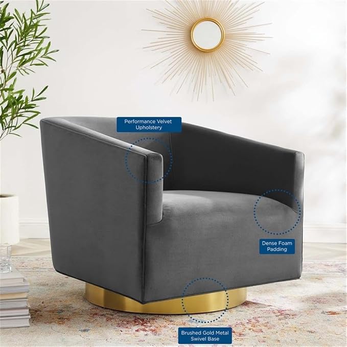 Pemberly Row Performance Velvet Swivel Chair 28H x 31.5W x 33D Brushed Gold Metal Base Stain-Resistant Charcoal Upholstery Dense Foam Padding Barrel Back Design for Living Room or Lounge Use