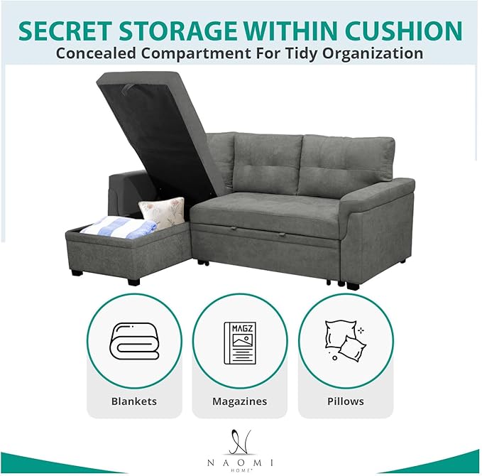 Naomi Home Laura Reversible Sleeper Sectional Sofa Storage Chaise Gray/Velvet