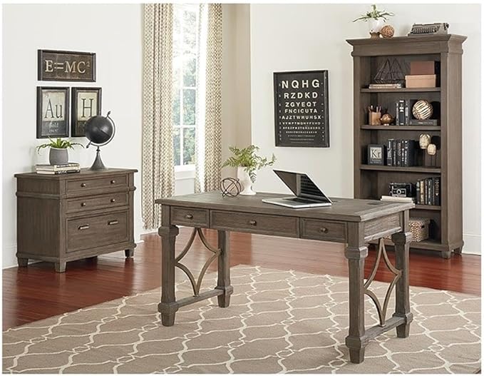Pemberly Row Wood Writing Desk 54 in x 27 in x 30 in Solid Wood and Veneer Gray Weathered Dove Finish USB and AC Outlets Drop-Front Keyboard Tray Casual Office Desk for Home or Executive Office