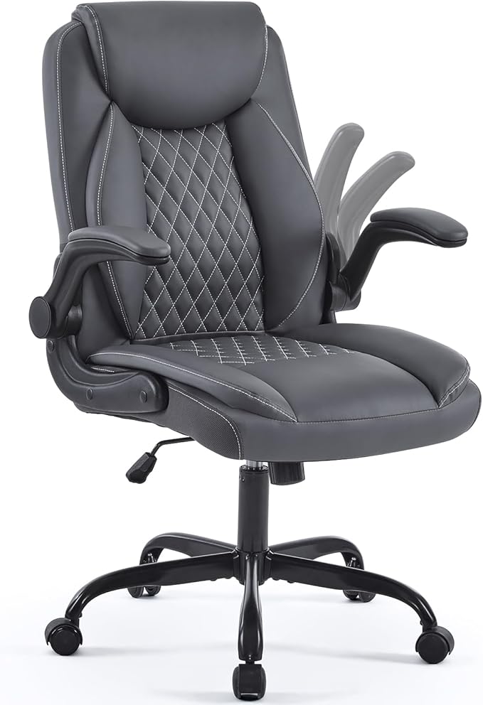 YFO Leather Office Chair Ergonomic Home Office Desk Chair Back Support Swivel Executive Office Chair with Wheels and Flip-Up Armrests Small Gaming Chair with Adjustable Rocking Function Grey