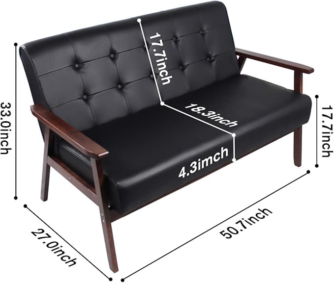 AODAILIHB 2 Piece Living Room Furniture Set Black Faux Leather Loveseat and Accent Chair Mid Century Modern Sofa and Chair Set with Solid Wood Arms for Office Reception &amp Apartment