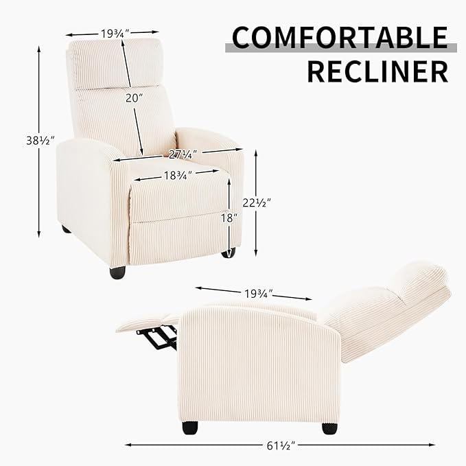Furnimart Small Manual Recliner for Small Spaces Corduroy Reclining Chair with Chunky Overstuffed Cushion Single Sofa Recliner for Adults for Home Theater Living Room Bedroom Beige