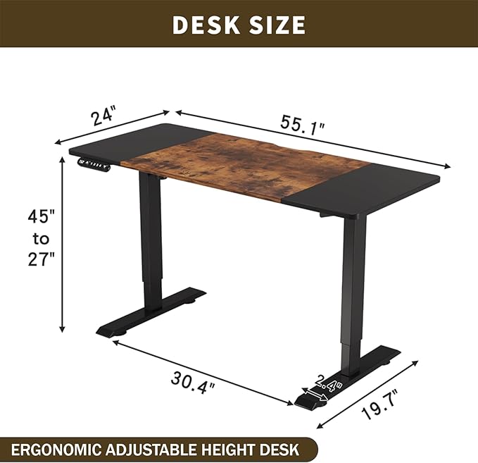 Electric Standing Desk 55 x 24 Inch Height Adjustable Desk Sit Stand Desk with Type-C Charging and Memory Preset Computer Desk for Home Office (Black + Brown)
