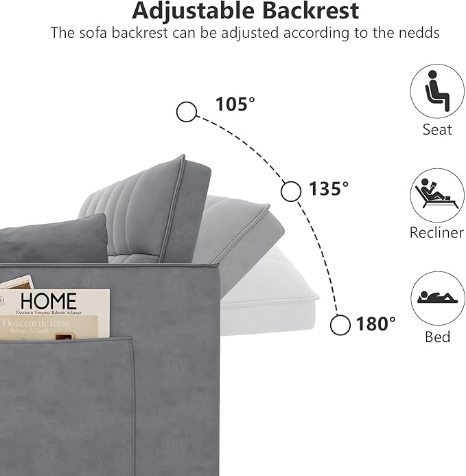 Hison Convertible Sleeper Sofa Bed 3 in 1 Pull Out Couch Bed with Adjustable Backrest Sectional Small Couches for Small Spaces Loveseat for Apartment Living Room (Gray Velvet)