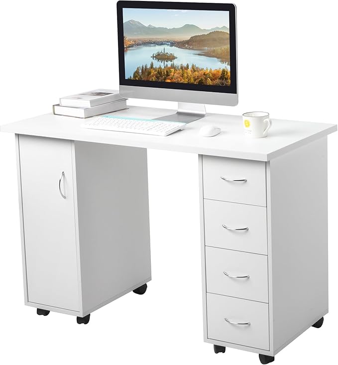 Farmhouse Wooden Executive DeskPC Laptop TableModern Home Office Computer DesksStudy Writing Desk Workstationwith Storage Drawersfor Small Spaces Living Room Bedroom Study Room Office (White)