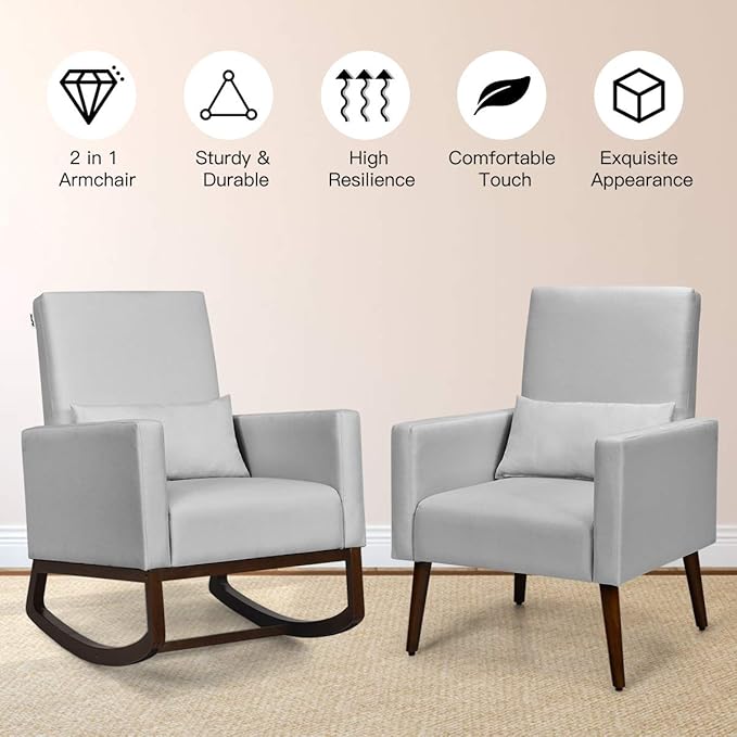 Giantex Rocking Chair Fabric High Back Armchair with Waist PillowWooden Tapered &amp Rocking Dual Legs Multifunctional Upholstered Accent Chair for Nursery Living Room Bedroom Rocker(1 Sliver)