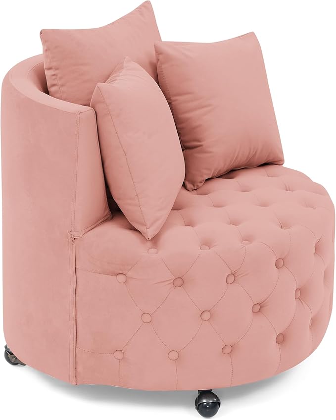 Velvet Upholstered Swivel Chair for Living Room with Button Tufted Design and Movable Wheels Including 3 Pillows Pink