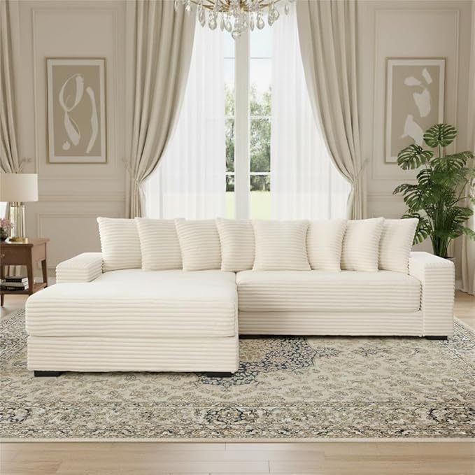110 Cloud Sectional Couch L Shaped Sectional Couch with Chaise and 8 Side Sleeper Pillows 5 Seat Sleeper Sofa Bed for Living Room Corduroy Fabric Beige Left Style