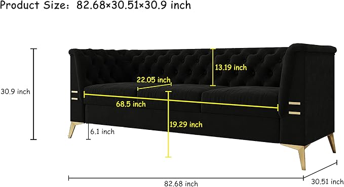 Tomkate 82 Black Velvet Chesterfield Sofa Mid-Century Modern Tufted 3-Seater Couch with Flared Arms Removable Cushions &amp Gold Metal Legs for Living Room (Black)