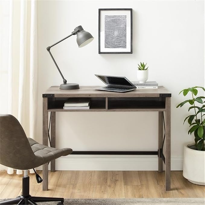 UrbanPro 42 Farmhouse Metal and Wood Desk Gray Wash Finish 31 H x 42 W x 20 D Rustic Writing Desk with Storage Cubbies Cord Management Industrial Style Home Office Furniture