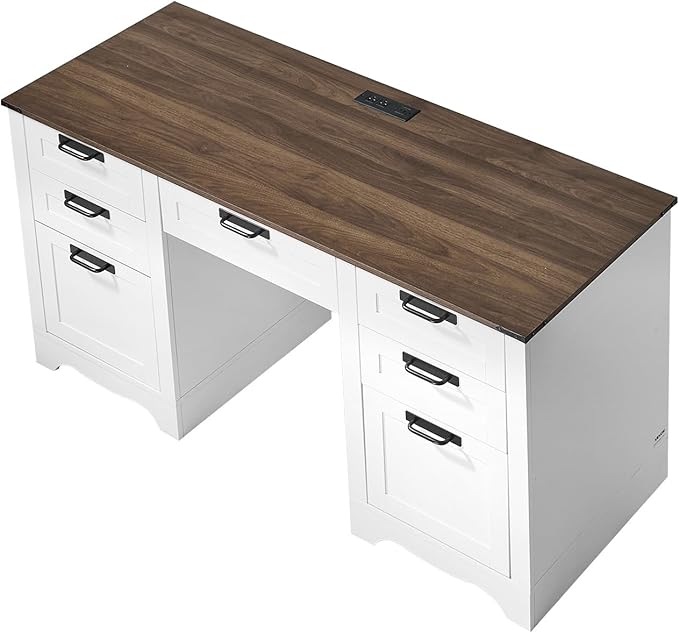 VEVOR 60 Executive Desk with Drawers Farmhouse Home Office Desk with Charge Station Keyboard Tray File Storage Cabinet 200 LBS Load Capacity Wood Table Easy Assembly for Work Study Walnut