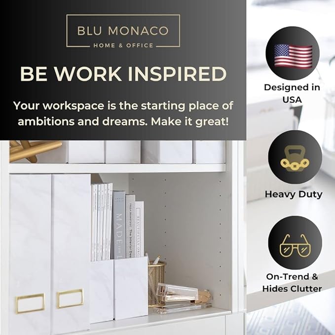 BLU MONACO Set of 4 Magazine Holders | White Marble Design with Gold Label Holders | Foldable File Organizer Boxes for Desk Office &amp Classroom | Stylish Paper &amp Magazine Storage