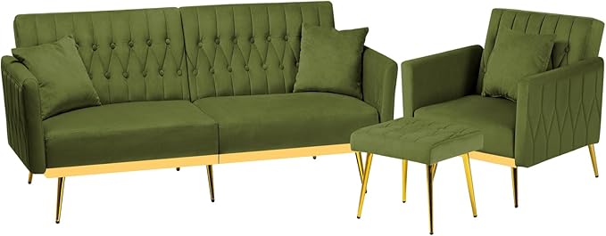 2 Pieces Velvet Sofa Set with Adjustable Armrest and Backrest 70” Convertible Futon Sofa Bed &amp Mordern Accent Chair with Ottoman for Living Room Bedroom Olive Green