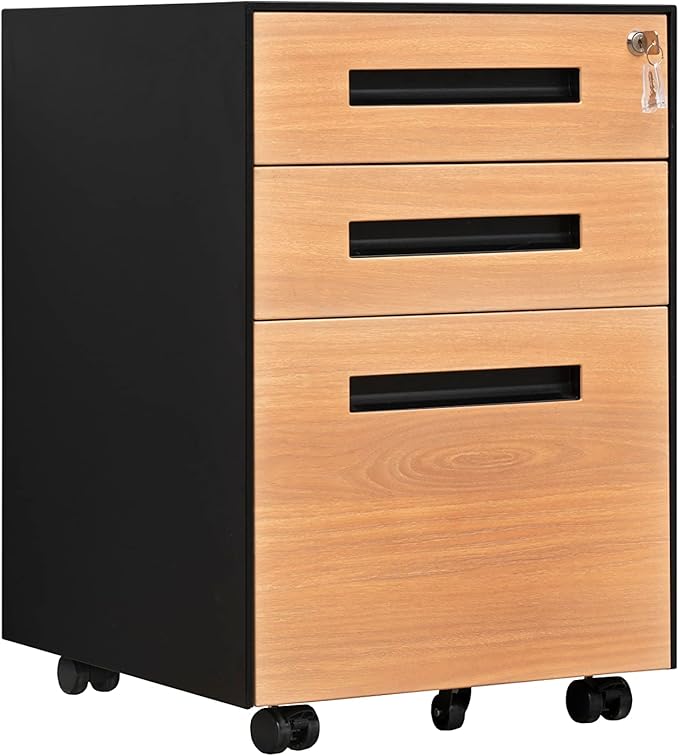 Generic 3 Drawer Mobile File Cabinet with Lock Steel File Cabinet for LegalLetterA4F4 Size Fully Assembled Include Wheels Home Office Design Walnut+black