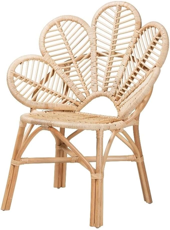 BOWERY HILL Modern Bohemian Accent Chair Natural Brown Rattan Flora-Inspired Backrest Openwork Design 29.90 W x 26.80 D x 35.80 H Angled Legs Crisscross Base for Living Room or Lounge