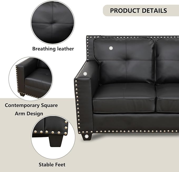 Modern 3-Seater Sofa with Softy Backrest Cooper Nail Comfortable Large couches for Living Room with Overstuffed Cushion Modern Leather Couch Set for Bedroom Apartment(Black-Faux LeatherSofa)