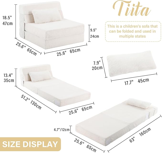 Tiita Convertible Folding Kids Sofa Bed with Pillow &amp Storage Bag Plush Fabric Floor Mattress Couch Bed Washable Cover Kids Room Playroom Dorm Apartment Beige