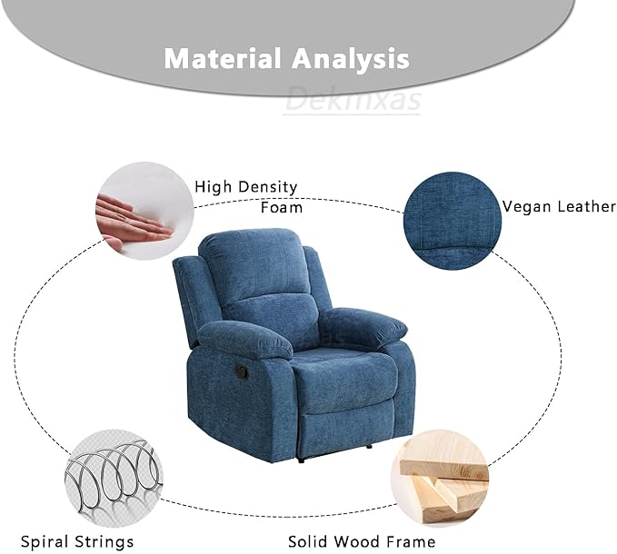 Fabric Recliner Chair Contempary Manual Motion Reclining Chair Living Room Furniture Microfiber Single Recliner with Overstuffed Arm &amp Back for Living Room/Bedroom/Office/Rv Car (Blue Chair)