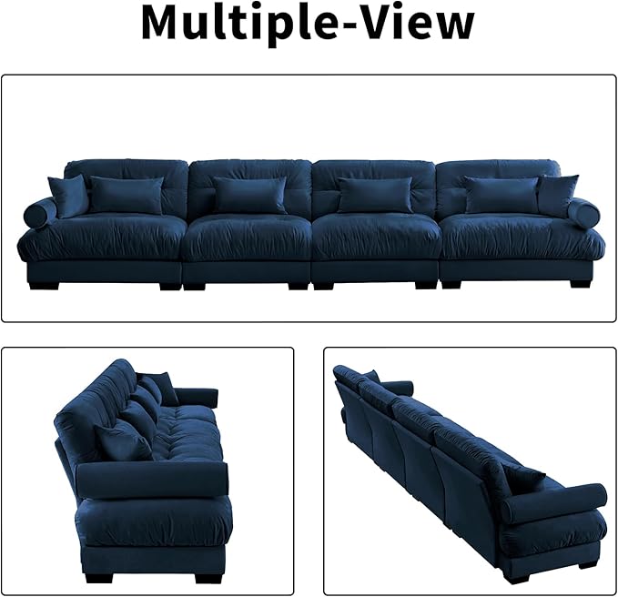 166 Large Sectional Couches for Living Room Cloud Modern Modular Deep Seat Sofa Set Comfy Couches Velvet Fluffy 4 Seater Sofa Set for Bedroom Apartment Blue