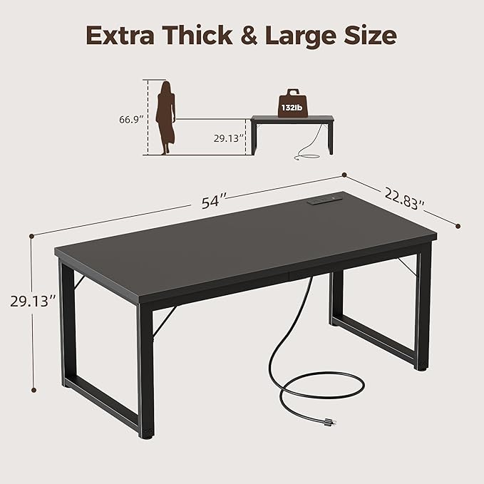 Mericonia 54 Inch Computer Desk with Power Outlets 1.2 Thick Heavy Duty Industrial Office Desk Modern Simple Study Writing Table for Home Office Bedroom Workstation Black