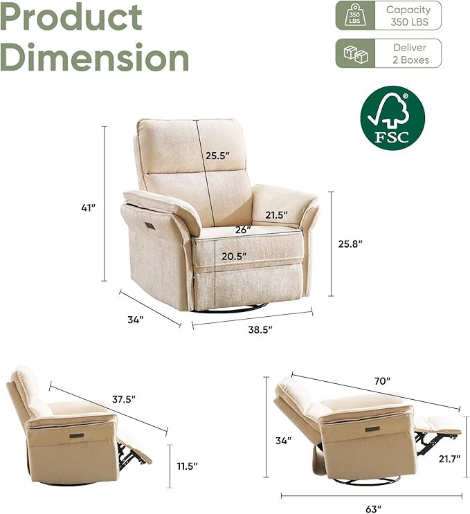 Oversized Power Recliner Chair Swivel Glider with Massage and Heat Rocker Nursery Recliner for Adults with Adjustable Headrest 26 Extra Wide Nursery Chair with Overstuffed ArmrestBeige
