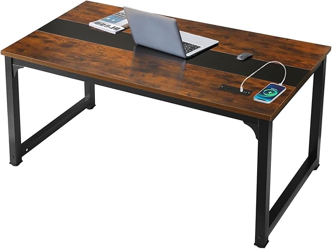 Large Computer Desk - 63 Inch Home Office Desks Study Student Writing Table Gaming Desk Wood Modern Simple Table with USB Ports Rustic + Black