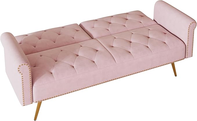 Convertible Futon Sofa Bed  Adjustable Sleeper Couch Modern Velvet Tufted Recliner Reversible Loveseat Folding Daybed Guest Bed Sofacama w/ Nailhead Trim and Golden Metal Legs for Living Room Office