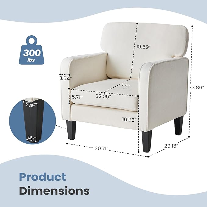 DUMOS Modern Accent Chairs for Living Room Set of 2 Corner Chairs for Adults Reading Chair with Armrest and Backrest Comfy Lounge Chairs for Bedroom Waiting Room and Reception RoomCream White