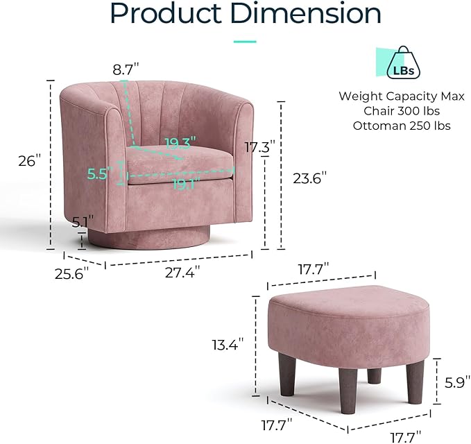 LINSY Swivel Accent Chair with Ottoman - Small Barrel Chair 360 Swivel Modern Armchair Upholstered Reading Chair with Footrest for Living Room Bedroom Study Room Velvet (Pink)