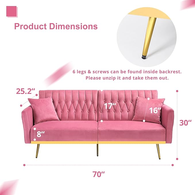 70” Velvet Futon Sofa Bed with 2 Pillows and Adjustable Armrests Convertible Sleeper Bed Modern Loveseat for Living Room Bedroom Pink