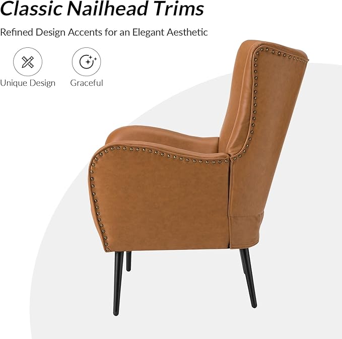 Upholstered Faux Leather Accent Chair with Black Metal Legs Comfy Armchair with Removable Cushion &amp Nailhead Trim Wingback Vanity Chair for Reading Living Room Bedroom