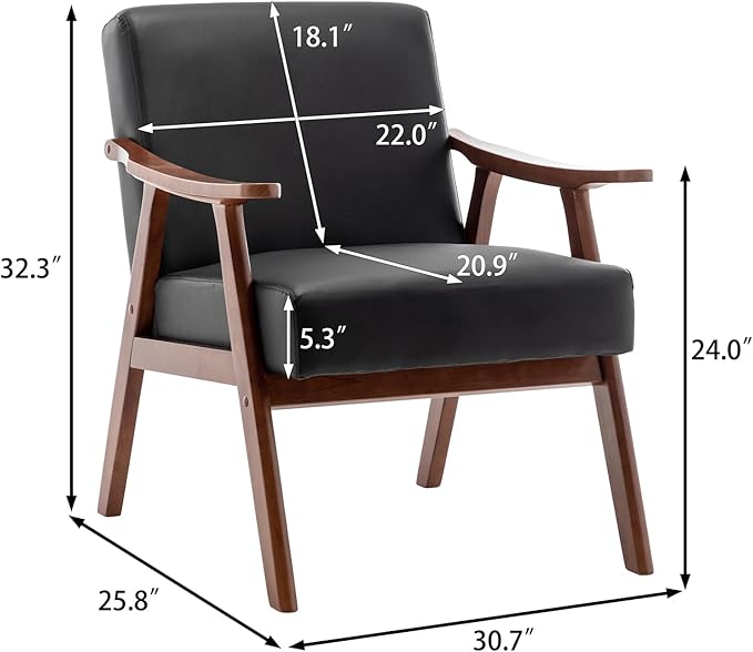 Mid Century Modern Accent Chair with Solid Wood Frame Armchairs with Faux Leather for Bedroom Reading Room Living Room and Lounge Black
