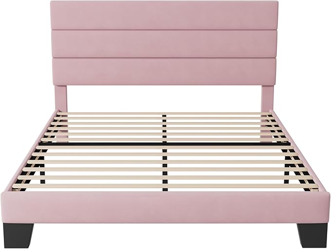 Allewie Full Size Platform Bed Frame with Velvet Upholstered Headboard and Wooden Slats Support Fully Upholstered Mattress Foundation/No Box Spring Needed/Easy Assembly Pink