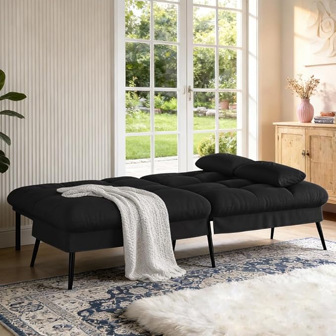 COMHOMA 72″Futon Sofa BedModern Convertible Sleeper Sofa Fabric Futon Couch with Multi-Position Backrest for Living Room Furniture (Black)