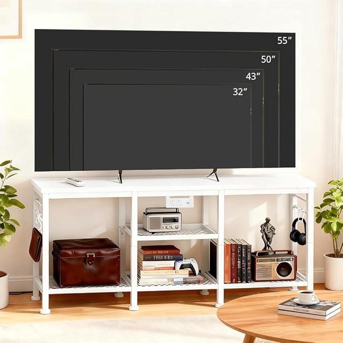 LUCKLIFE TV Stand with Charging Station for TVs up to 55 InchRustic Wood Entertainment Center with 3-Tier Storage ShelvesModern TV Media Console Table with 4 Hooks for Living RoomBedroom(White)