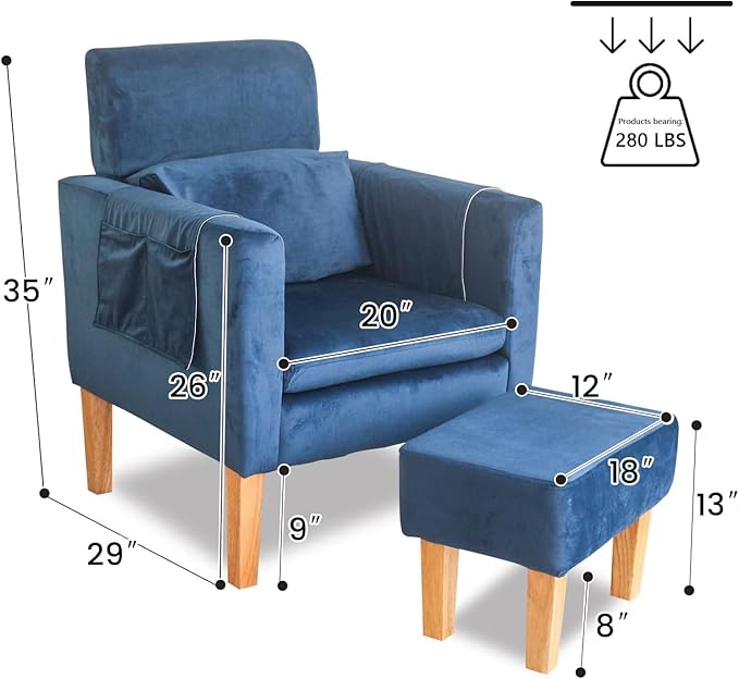 TAKUKA Modern Accent Chair with Ottoman SetComfy Velvet Fabric Armchair with Footrest Upholstered Chair with Side Pocket Soft Reading Lounge Chair for Living RoomBedroomOffice (Velvet Blue)