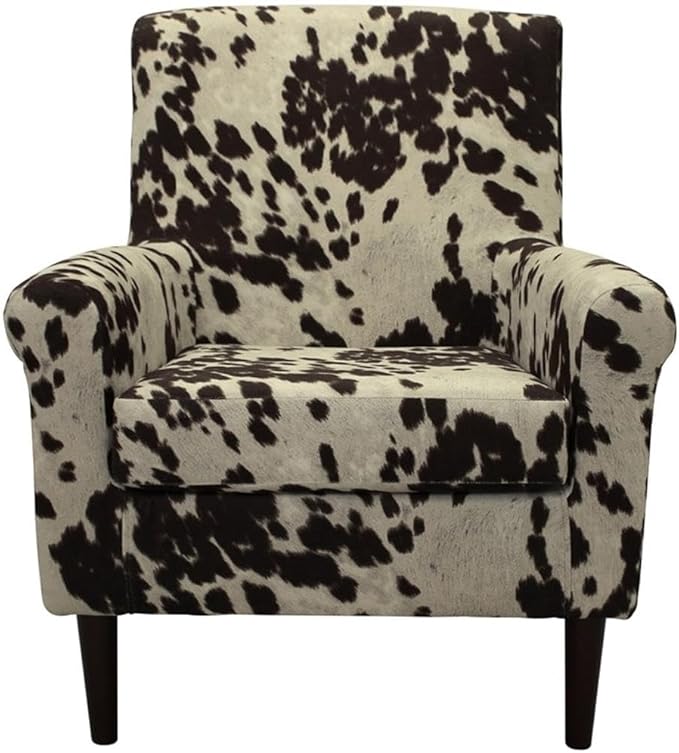 Pemberly Row Rolled Arm Lounge Chair 35 H x 28 W x 30 D Fabric Cowprint Design Cowhide Brown Finish Contemporary Accent Chair for Living Room or Bedroom