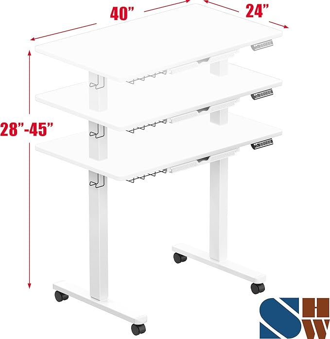 SHW 40-Inch Mobile Electric Height Adjustable Sit to Stand Desk with Drawer Hanging Hooks and Cable Management White