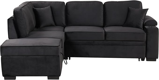 LUMISOL 87 Convertible Sofa Bed with Storage Ottoman L-Shaped Sectional Sofa with Cup Holder &amp USB Ports Pull Out Sleeper Sofa Couch with Chaise for Living Room Small Apartment Black