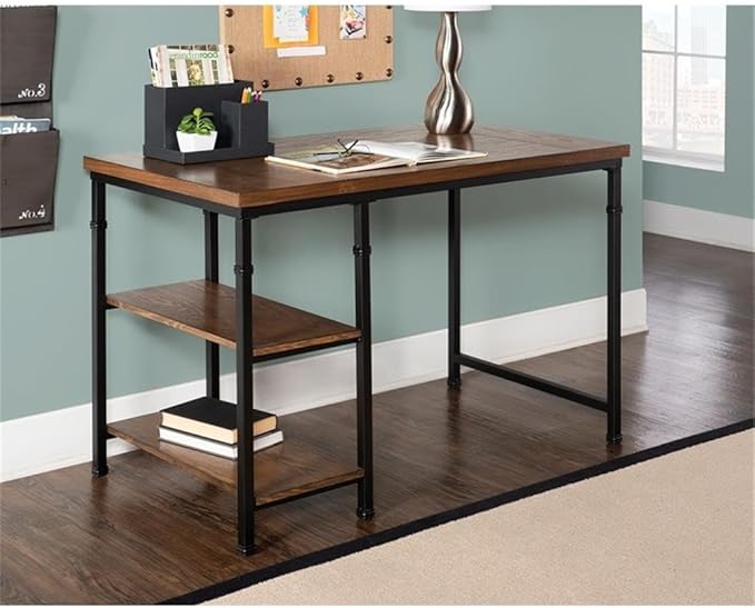 UrbanPro Transitional Wood Desk with 2 Shelves 45W x 26D x 30H Ash Veneer and Metal Brown Stained and Black Finish Rustic Industrial Style Sturdy Home Office Desk for Work Essentials Storage
