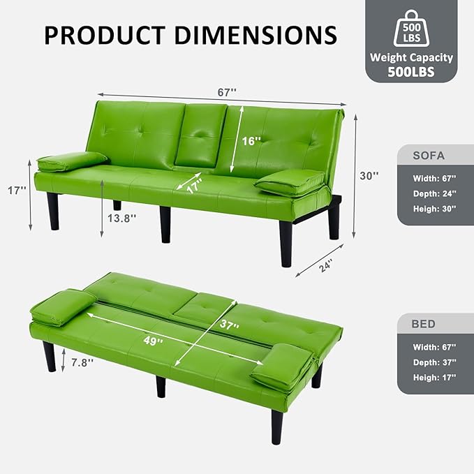 Futon Sofa Bed PU Leather Modern Convertible Futon Couch with Removable Armrests Cup Holders Loveseat Sleeper Sofa Bed for Living Room Apartment Small Spaces (Green)