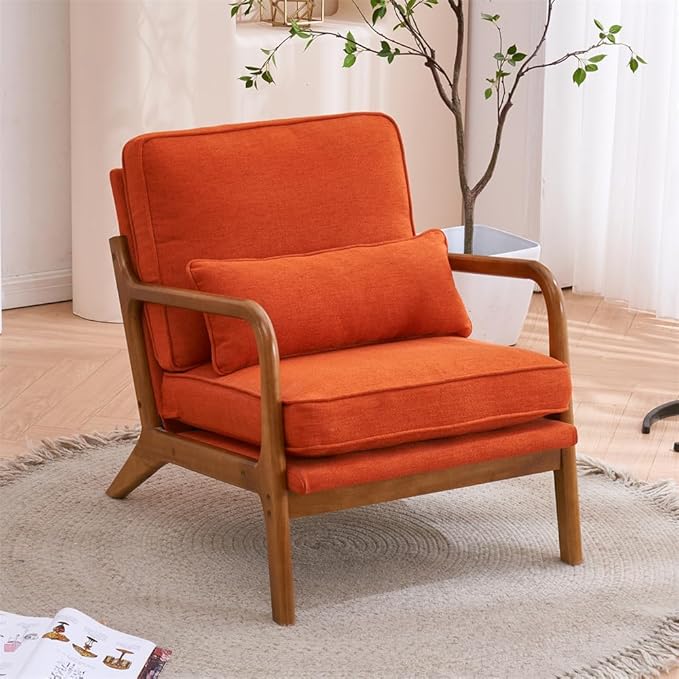 Accent Chair Mid-Century Modern Upholstered Armchair with Lumbar Pillow Comfy Lounge Chair Reading Chair with Solid Wood Frame &amp Soft Cushion for Living Room Bedroom Balcony Burnt Orange