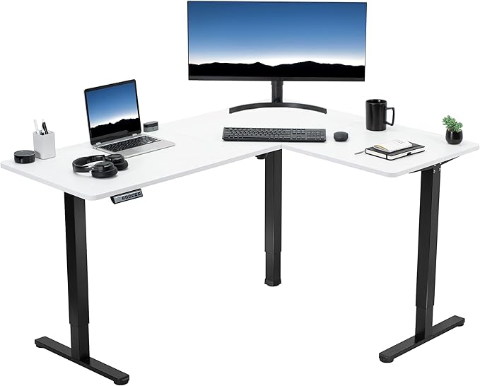 VIVO Corner Standing Desk 63 x 47 inch Reversible L-Shaped Workstation Electric Height Adjustment Home Office and Reception Rooms White Table Top Black Frame DESK-E3CTBW-47
