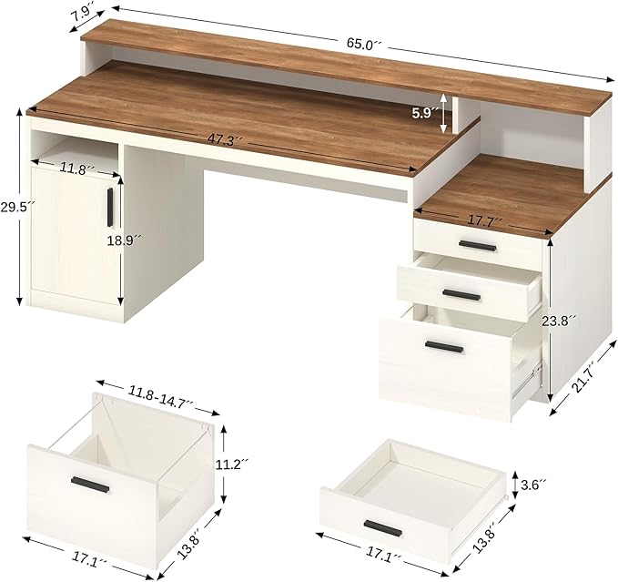 65 Inch Computer Desk with 3 Drawers &amp Storage Shelves Executive Desk with File Drawer &amp Cabinet Home Office Desk with Long Monitor Stand &amp Printer Shelf Antique White