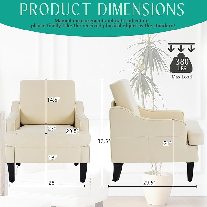 Modern Accent Chair for Bedroom Upholstered Reading Chair with Side Pockets Comfy Living Room Chairs Living Room Armchair for Office Apartment Small Room (Beige)