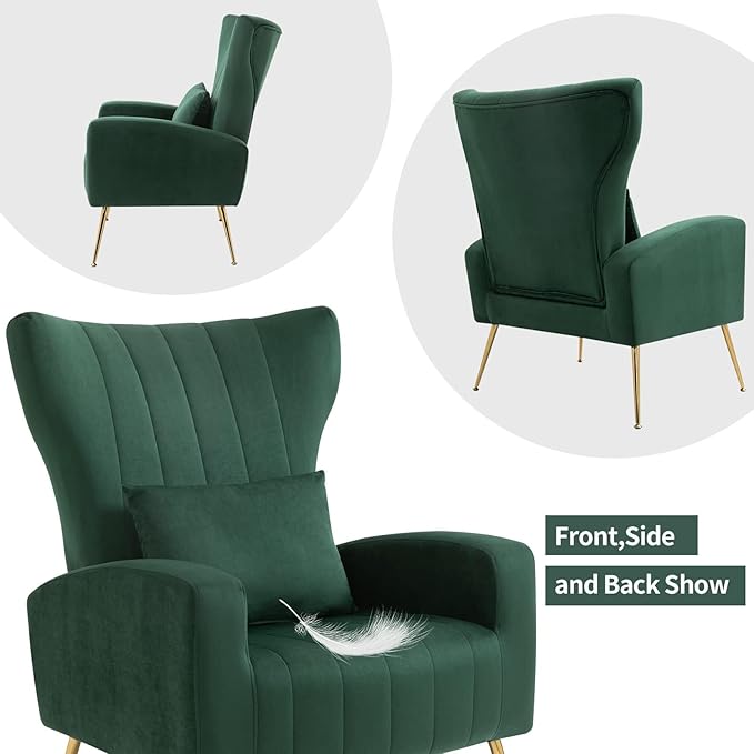 X-VOLSPORT Velvet Accent Chair Mid Century Modern High Back Living Room Chair with Waist Pillow Upholstered Arm Chair with Metal Gold Legs for Bedroom Club Green