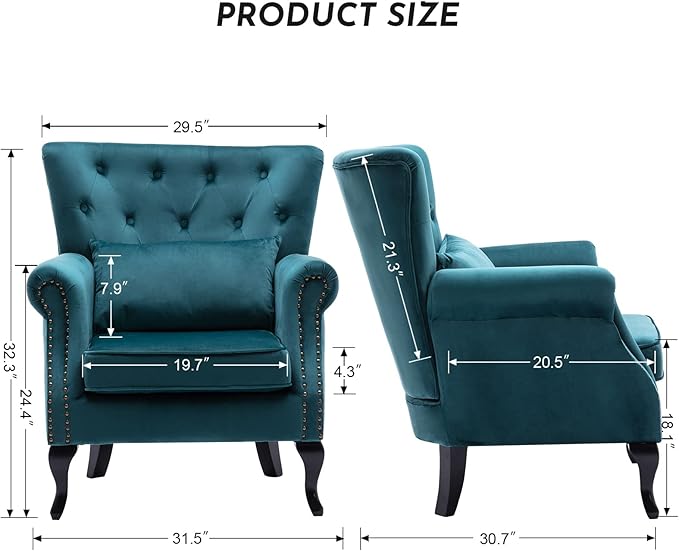 Accent Reading Arm Chairs for Living Room Bedroom Midcentury Modern Comfy Corner Sofa Chair Wingback Waiting Room Club Chair with Button Tufted Back &ampLumbar Pillow Velvet Teal