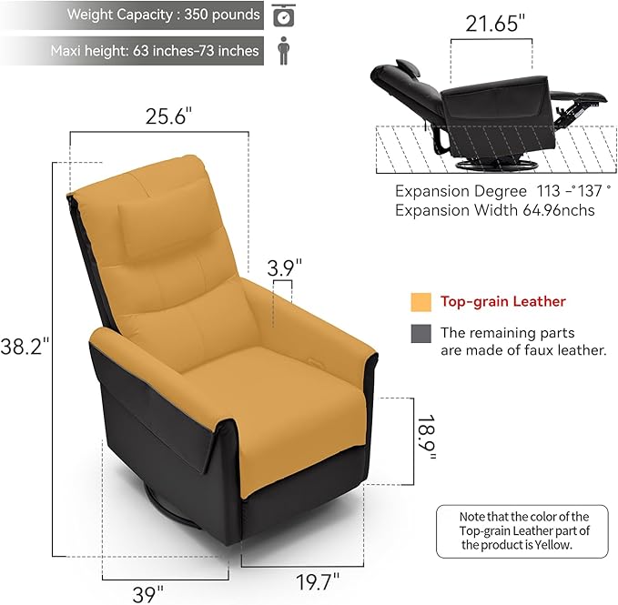 AIRSKY Leather Recliner Chair Top Grain Leather Italian Water-Washing Process Glider Rocking ChairSwivel Rocker Recliner Movable HeadrestNursery Rocking Chairs Single Reclining Chair BlackR3