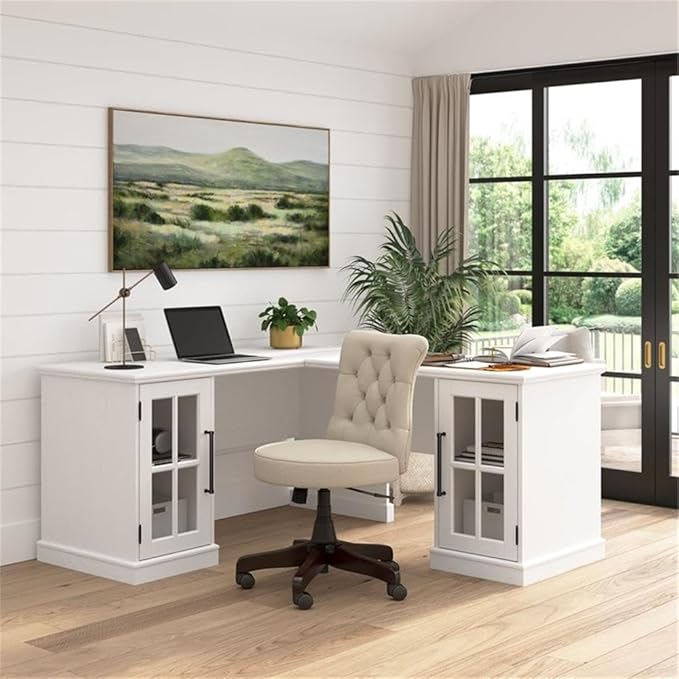 BOWERY HILL Modern 60W L Shaped Computer Desk White Ash Finish Storage Cabinet with Adjustable Shelves Wire Management Grommets Glass Doors Matte Black Handles Home Office Furniture